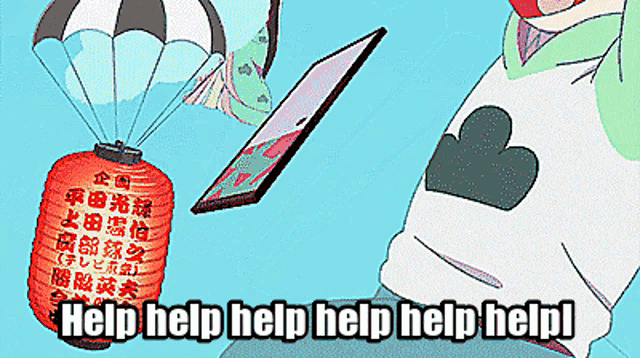 a cartoon character is holding a tablet and a parachute with the words help help help help help written on it