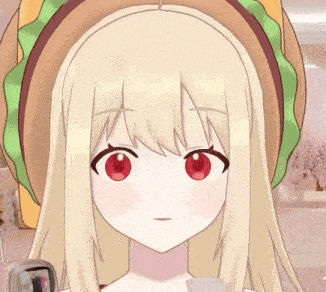 a girl with blonde hair and red eyes is wearing a hamburger hat
