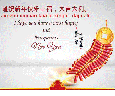 a greeting card for the chinese new year with fireworks and a coin .