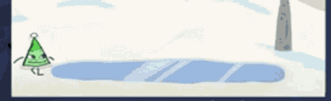 a cartoon character wearing a party hat is walking on a snowy surface .