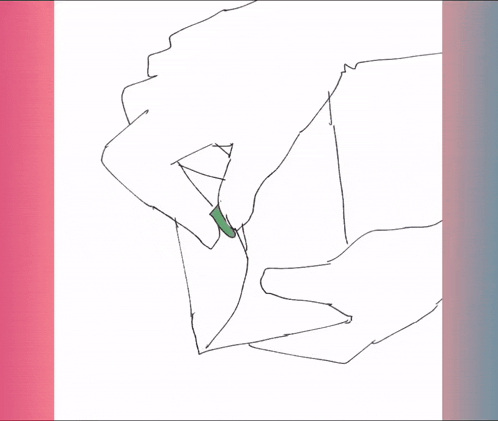 a drawing of a person holding an envelope with a pink and blue background
