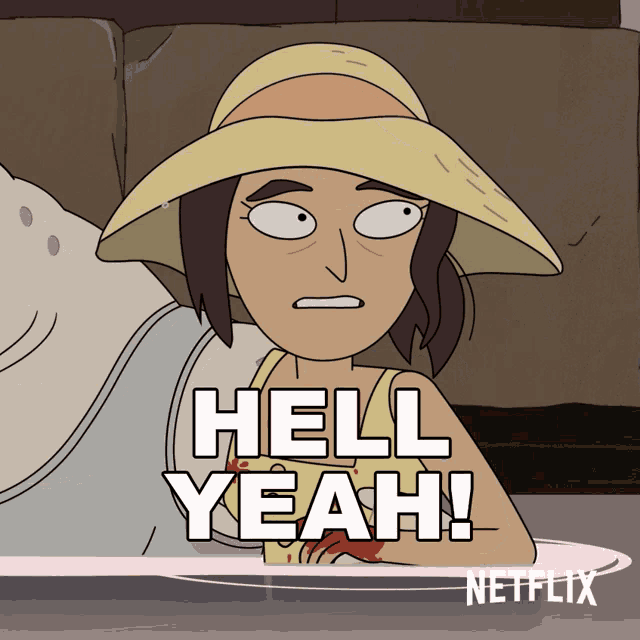 a cartoon of a woman with the words hell yeah