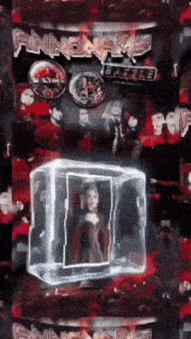 a picture of a woman in a clear cube with the word battle on the bottom