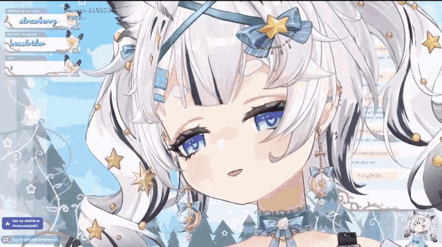 a girl with white hair and blue eyes is on a twitch channel