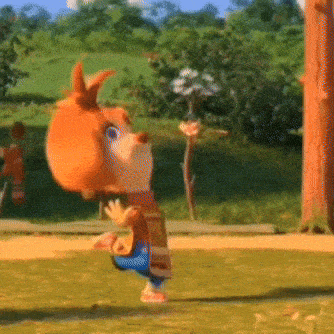 a cartoon character is running in a field with a tree in the background