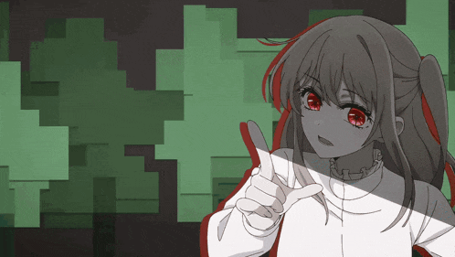 a drawing of a girl with red eyes pointing
