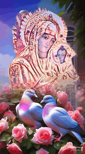 a painting of a woman surrounded by pink roses and pigeons with the words photolab at the bottom