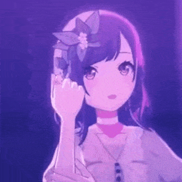 a purple anime girl with a flower in her hair is holding a purple flower in her hand .