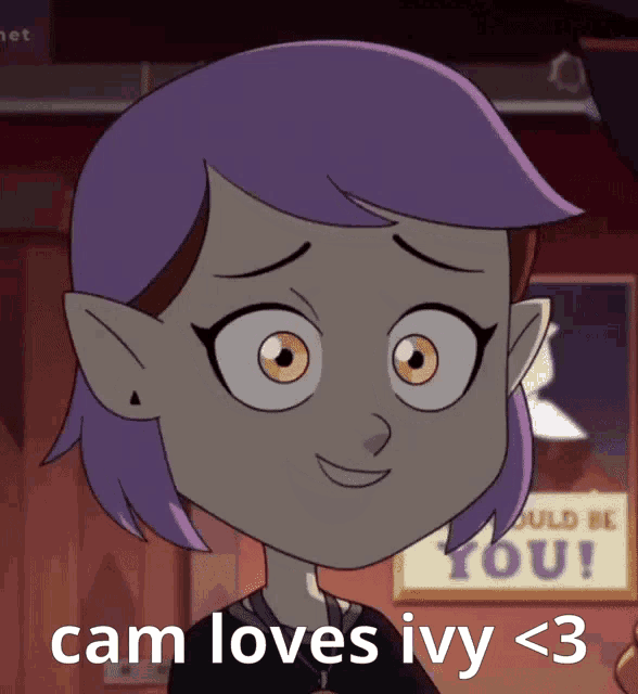 a close up of a cartoon character with the words cam loves ivy < 3