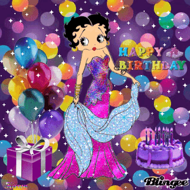 a birthday card with betty boop and balloons and the words happy birthday