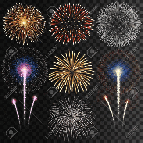 a set of fireworks on a transparent background stock vector