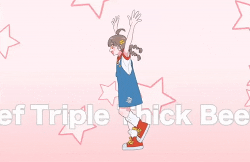 a girl is jumping in the air with the words triple thick beef written below her