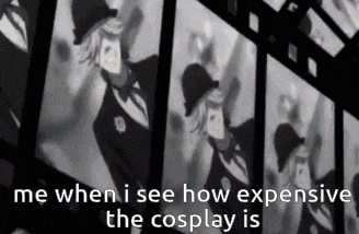 a black and white image of a man in a suit and hat with the caption " me when i see how expensive the cosplay is "