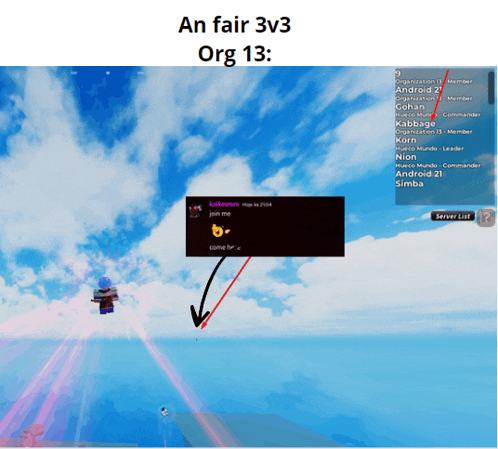 a screenshot of a video game with the words an fair 3v3 org 13 at the bottom