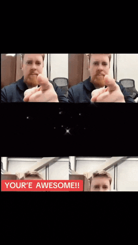 a man with a beard is pointing at the camera and says `` your 'e awesome ''