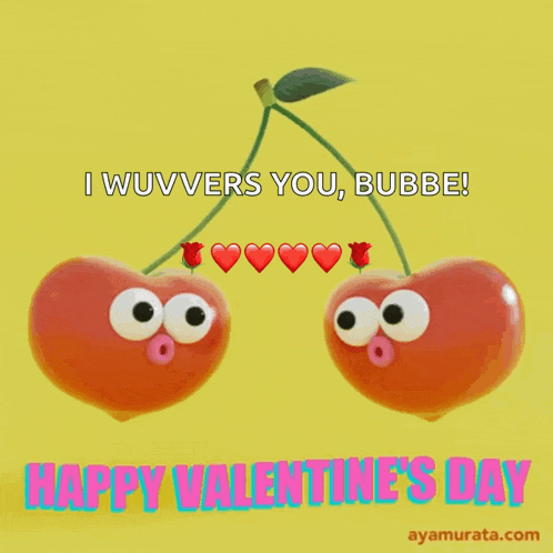 a happy valentine 's day greeting card with two cherries kissing