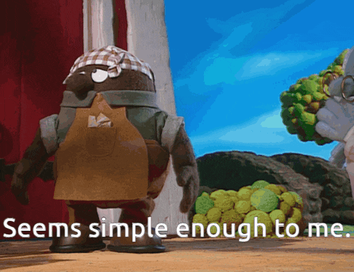 a cartoon character says " seems simple enough to me " in front of a pile of melons