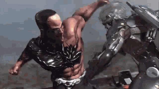 a man is being punched by a robot with a gun