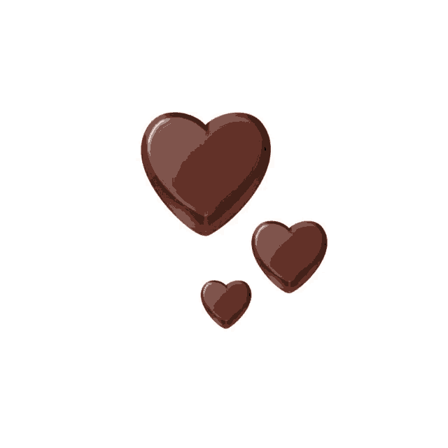 three chocolate hearts on a white background with one larger than the other