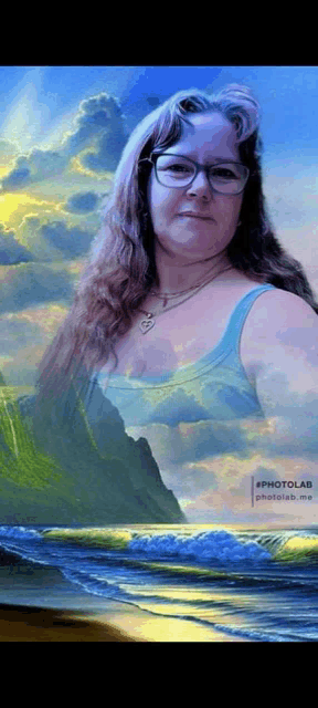 a woman with glasses and a necklace is standing in front of a painting of a beach