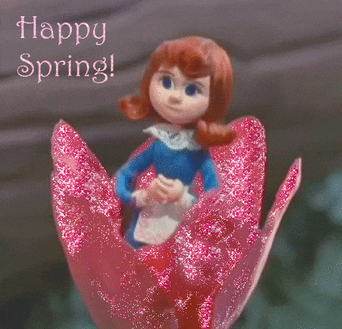 a doll is sitting on a pink flower and the words happy spring are above her
