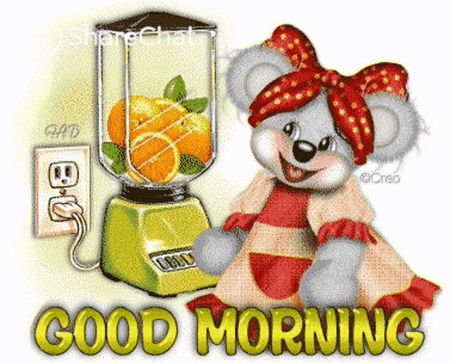 a teddy bear is sitting next to a blender with the words good morning written below it