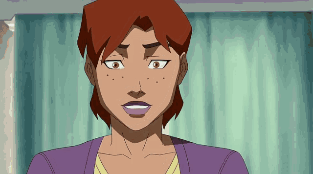 a cartoon character with red hair and brown eyes is wearing a purple sweater