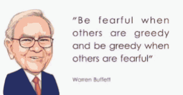 a cartoon of warren buffett with a quote about greedy people
