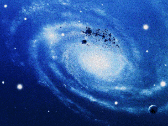 a picture of a spiral galaxy with a planet in the foreground