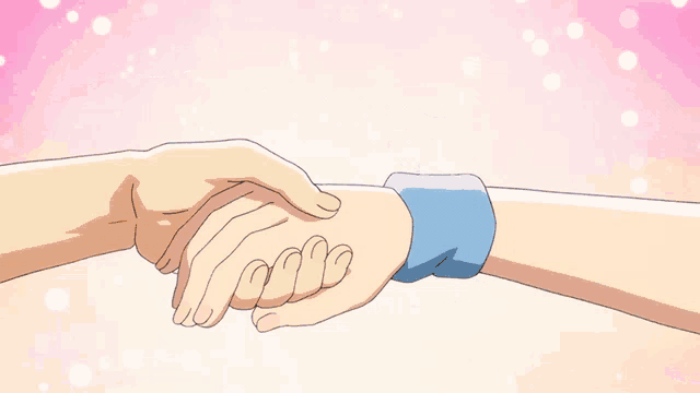 a man and a girl are holding hands in a pink background