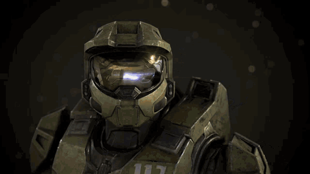a close up of a video game character 's helmet with a bright light coming out of it