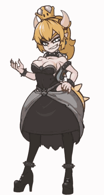 a cartoon character with a crown on her head is wearing a black dress