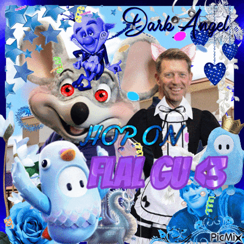 a picture of a man surrounded by stuffed animals with the caption dark angel hop on flal cu 3