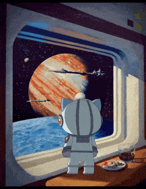 a cartoon cat in a space suit looking out a window at a planet