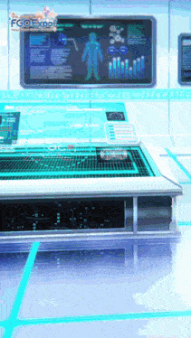 a futuristic room with a sign that says fg expo