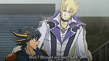 two anime characters are standing next to each other and one of them says well should we stop jack