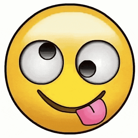 a cartoon smiley face with big eyes sticking out its tongue