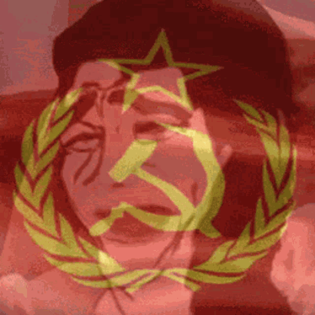 a woman 's face is behind a hammer and sickle and laurel wreath