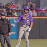 a baseball player wearing a purple shirt that says east carolina 10