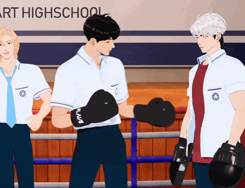 three boys are standing in front of a sign that says highschool