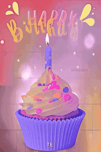 a purple cupcake with a candle on top of it and the words `` happy birthday '' behind it .