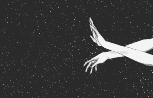 a black and white drawing of a person 's hands reaching out towards the stars .