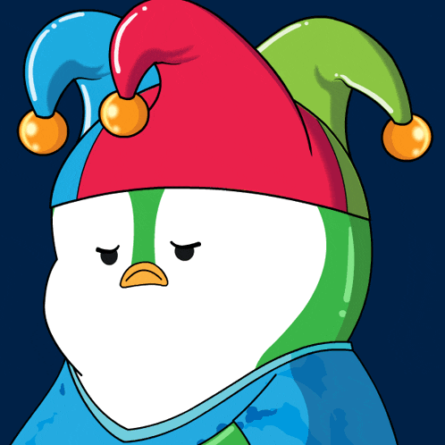 a cartoon of a penguin wearing a colorful jester 's hat
