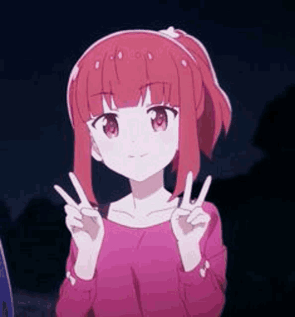 a red haired anime girl is giving a peace sign with her hands .