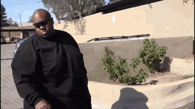 a man wearing sunglasses and a black sweatshirt stands in front of a brick wall