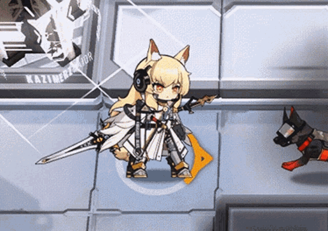 a girl with a sword is standing next to a dog in a video game called kazimero