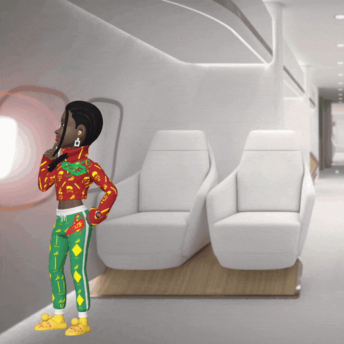 a cartoon character is standing in a room with white chairs and a sweater that says ' i love you ' on it
