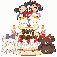 a pixel art of a happy birthday cake with mickey mouse and minnie mouse on it