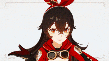 a girl in a red jacket and goggles is pointing her finger