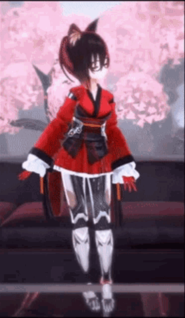 a girl in a red kimono and glasses is standing in front of a couch with cherry blossoms in the background